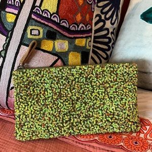 Anthropologie Lime Green Beaded Pouch Clutch